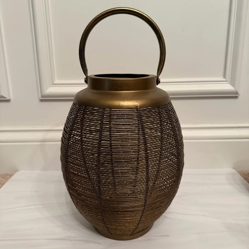 Woven Brass Lantern - hefty, intricate lantern for faux flowers or candles